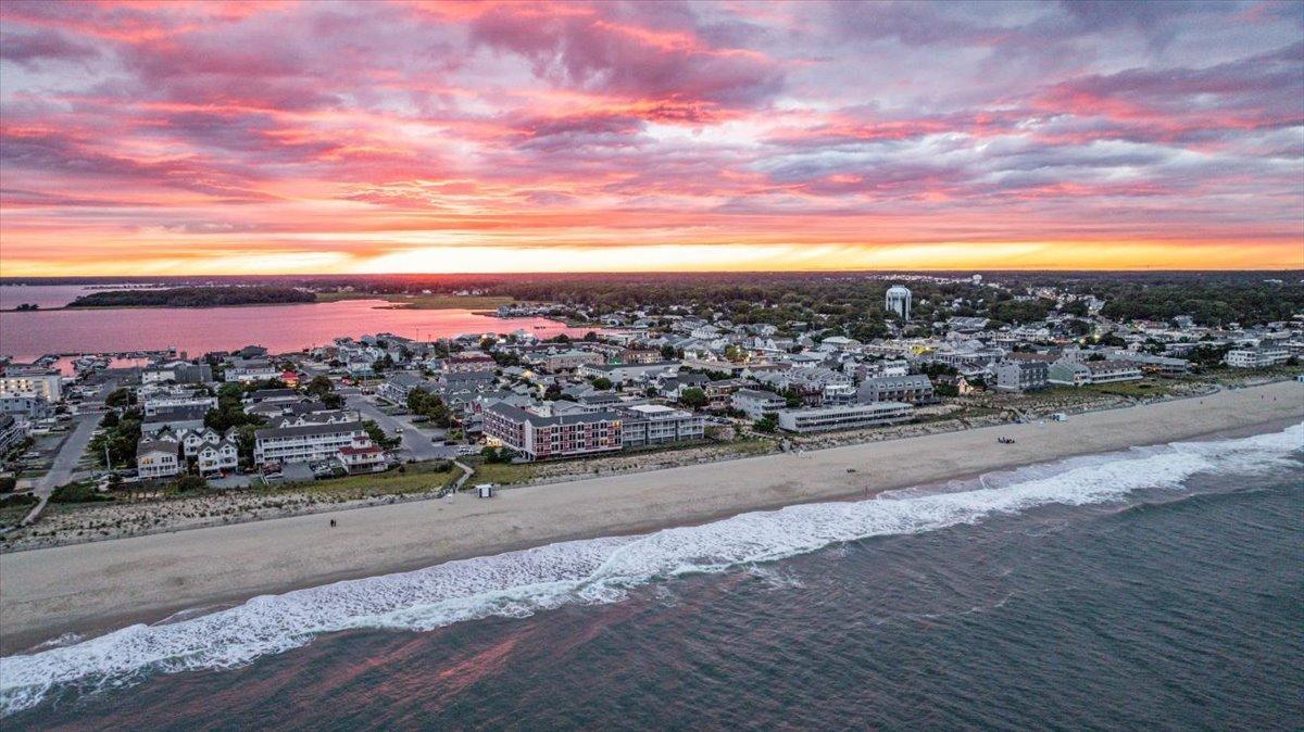 Aerial view of a Delaware beach town at sunset